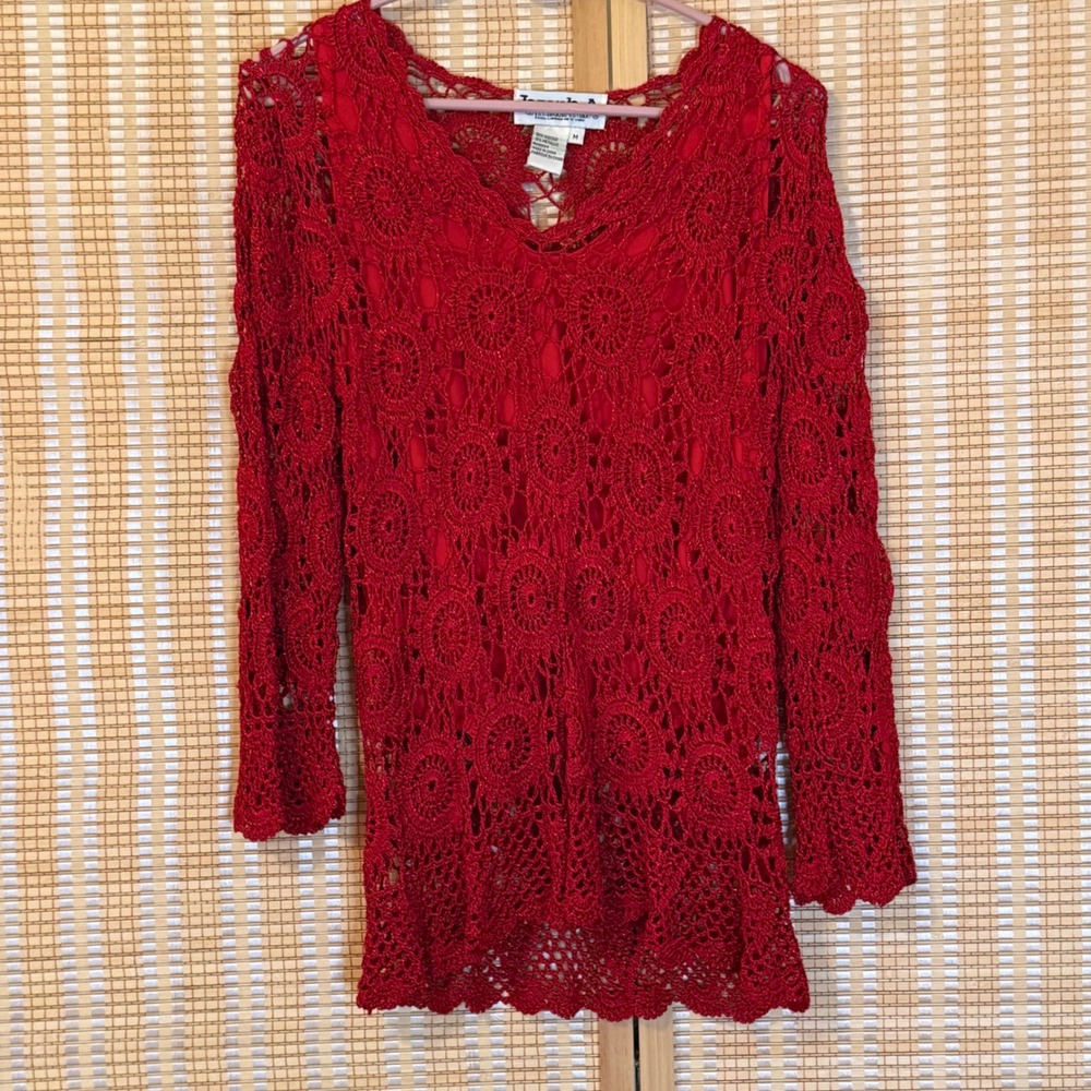 Joseph A. Womens M Top Red Crochet Metallic V-Neck Lined Boho Lagenlook‎ artsy